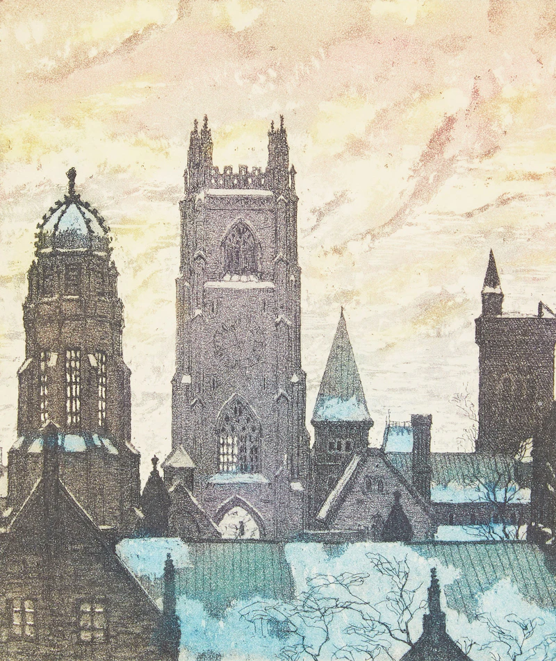Nicholas Hornyansky, Towers of the University, Toronto, colour aquatint