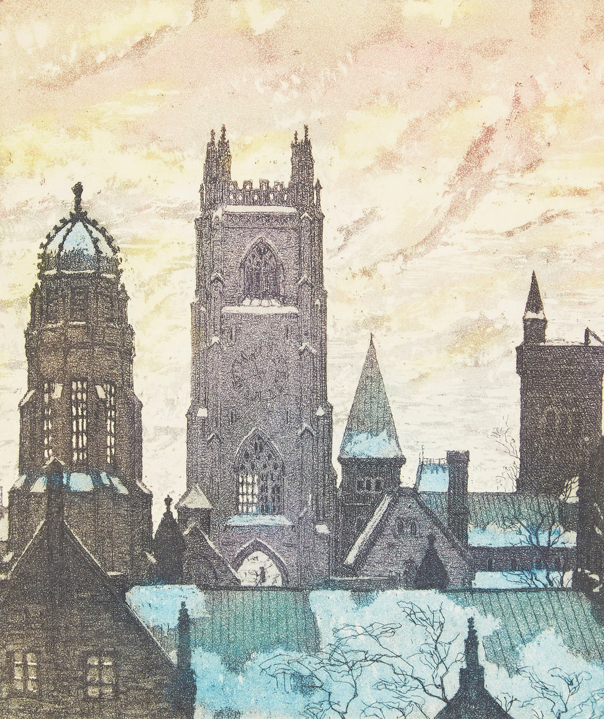 Nicholas Hornyansky, Towers of the University, Toronto, colour aquatint