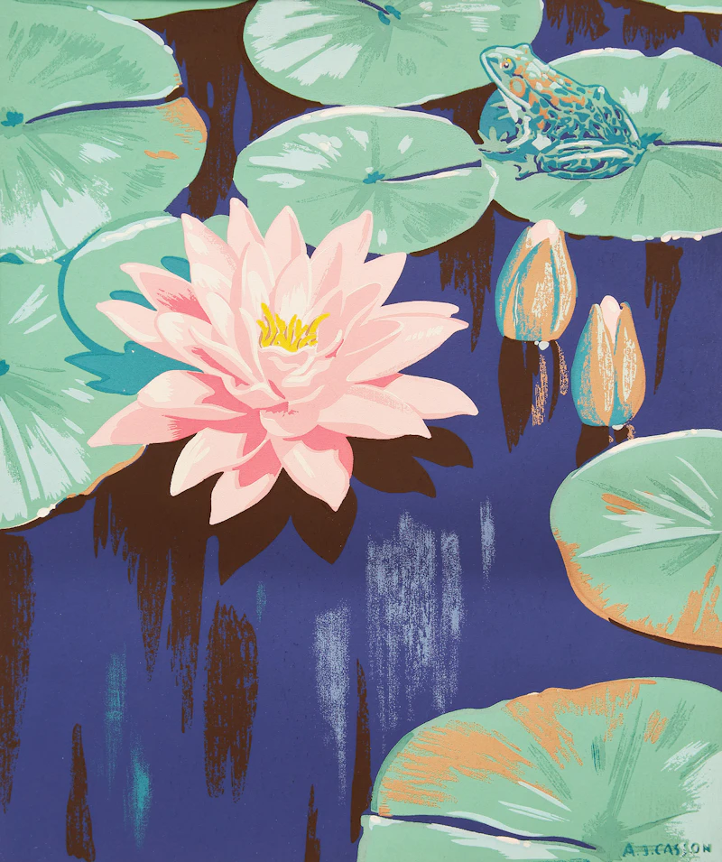 Alfred Joseph Casson, Frog on a Lilypad; Delphiniums and Daisies; Floral Arrangement, three silkscreens