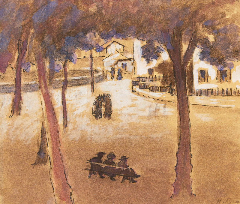 Henri Beau, Place du village, watercolour