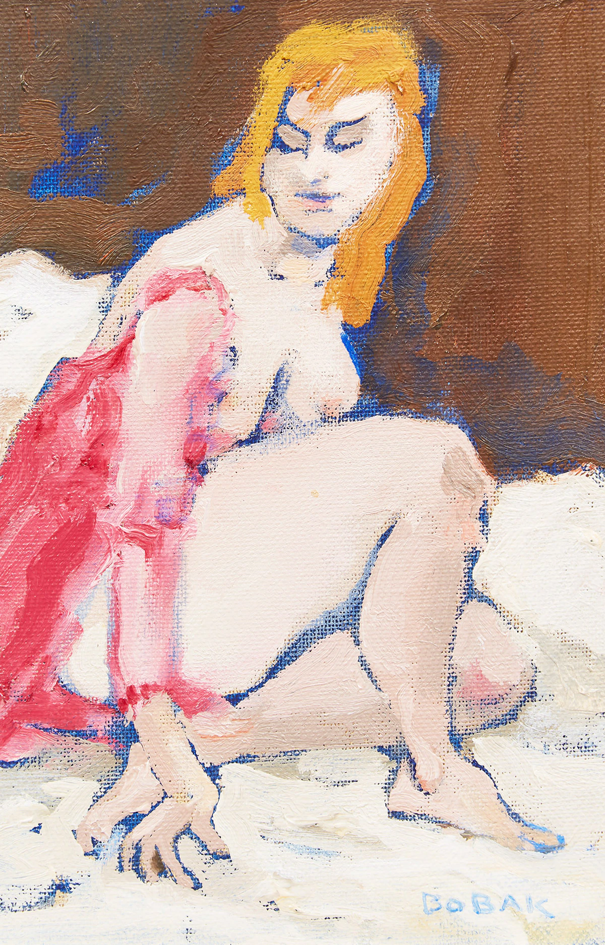 Bruno Joseph Bobak, Nude in a Pink Wrap, oil on canvas board