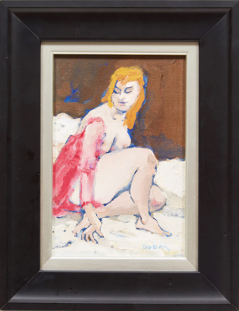 Bruno Joseph Bobak, Nude in a Pink Wrap, oil on canvas board - view 2