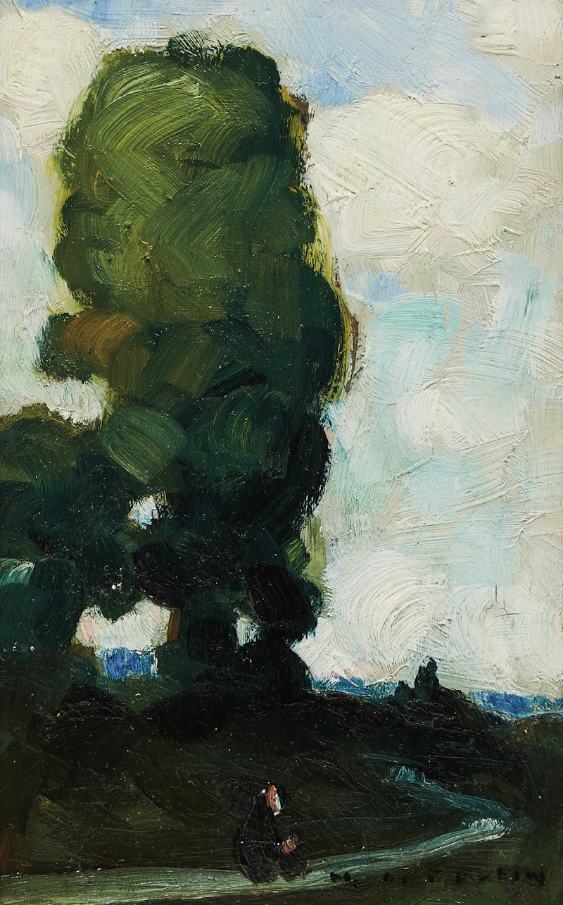Marc-Aurèle Fortin, Route et grand arbre, oil on board