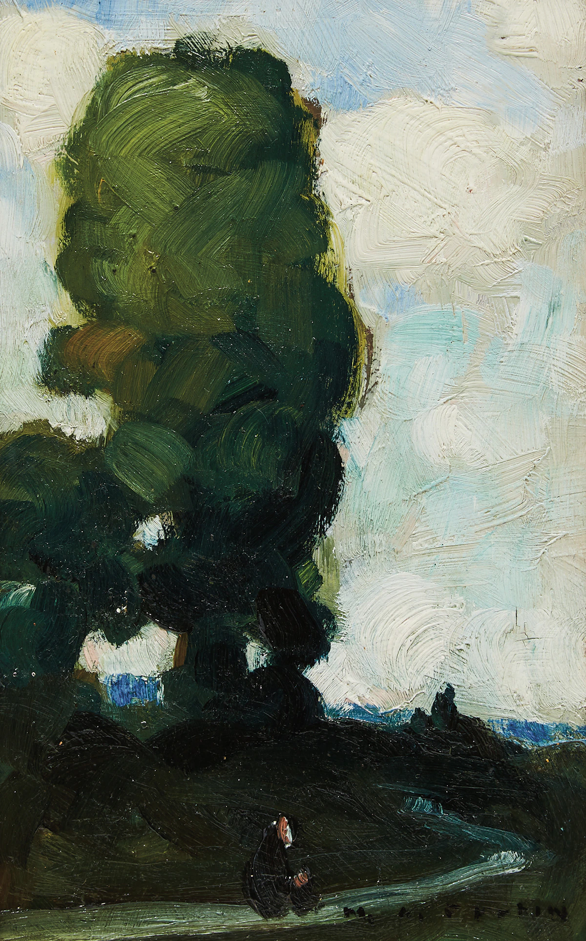 Marc-Aurèle Fortin, Route et grand arbre, oil on board
