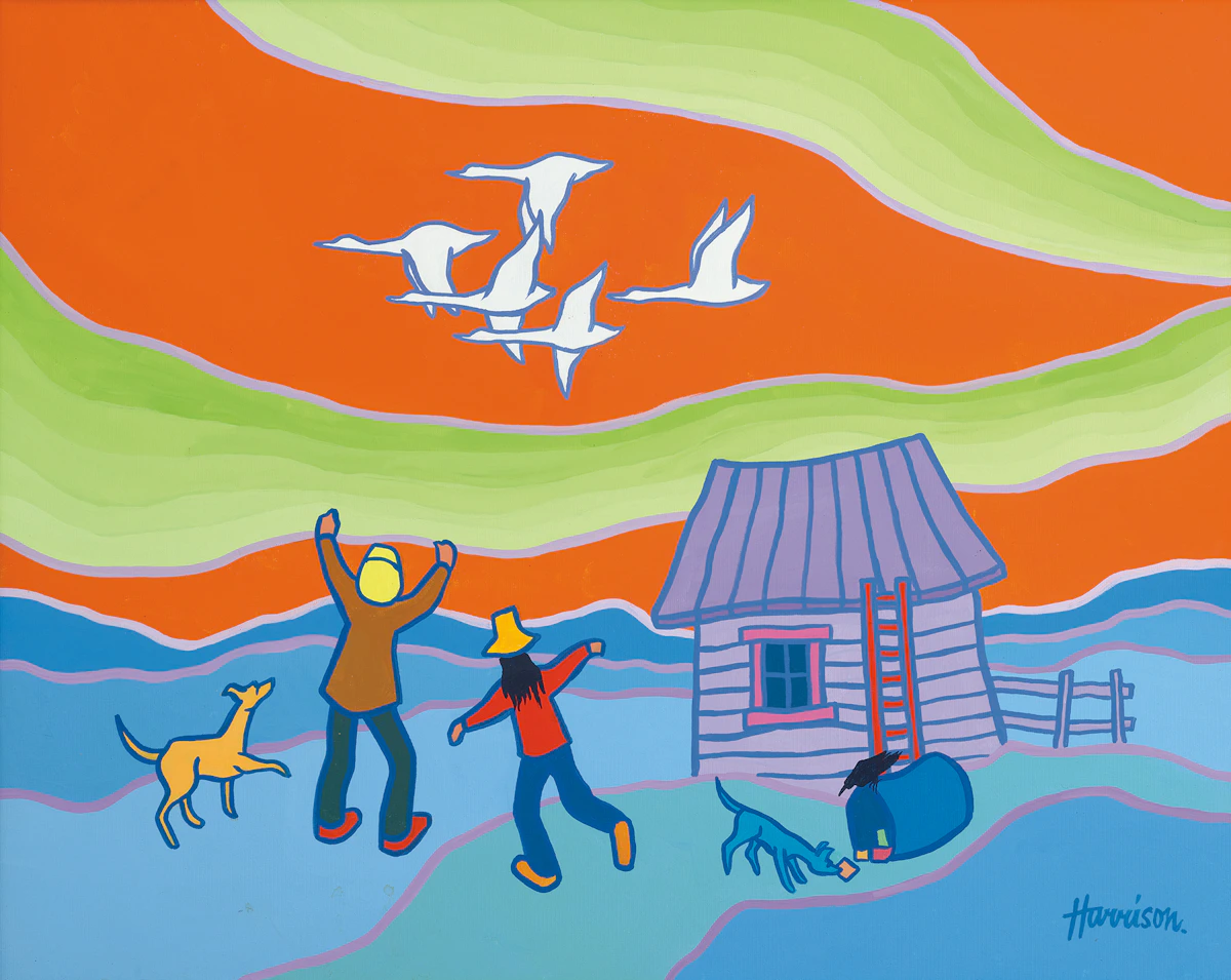 Ted Harrison, Hurrah for Spring, acrylic on canvas, 1986