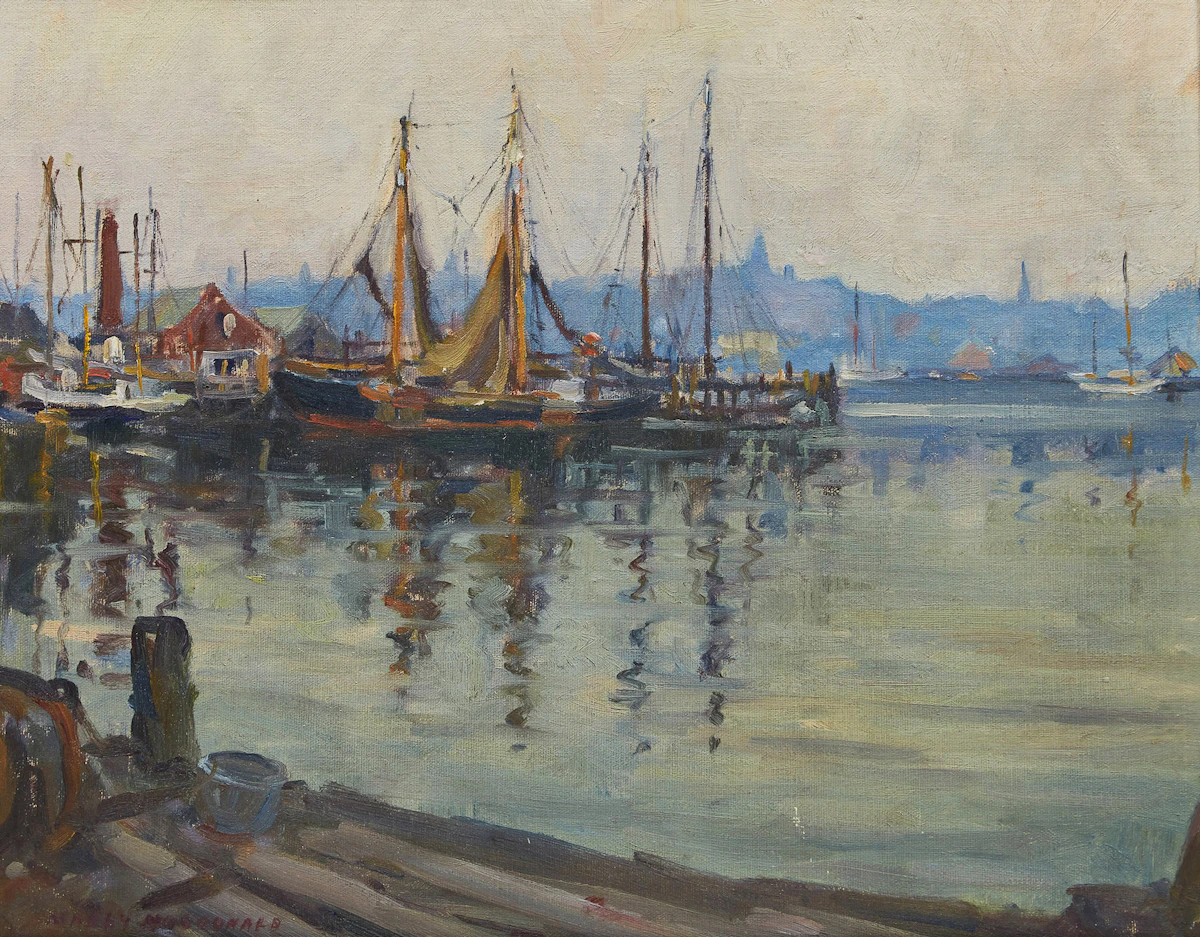 Manly Edward MacDonald, Sailing Ships in Harbour, oil on canvas board