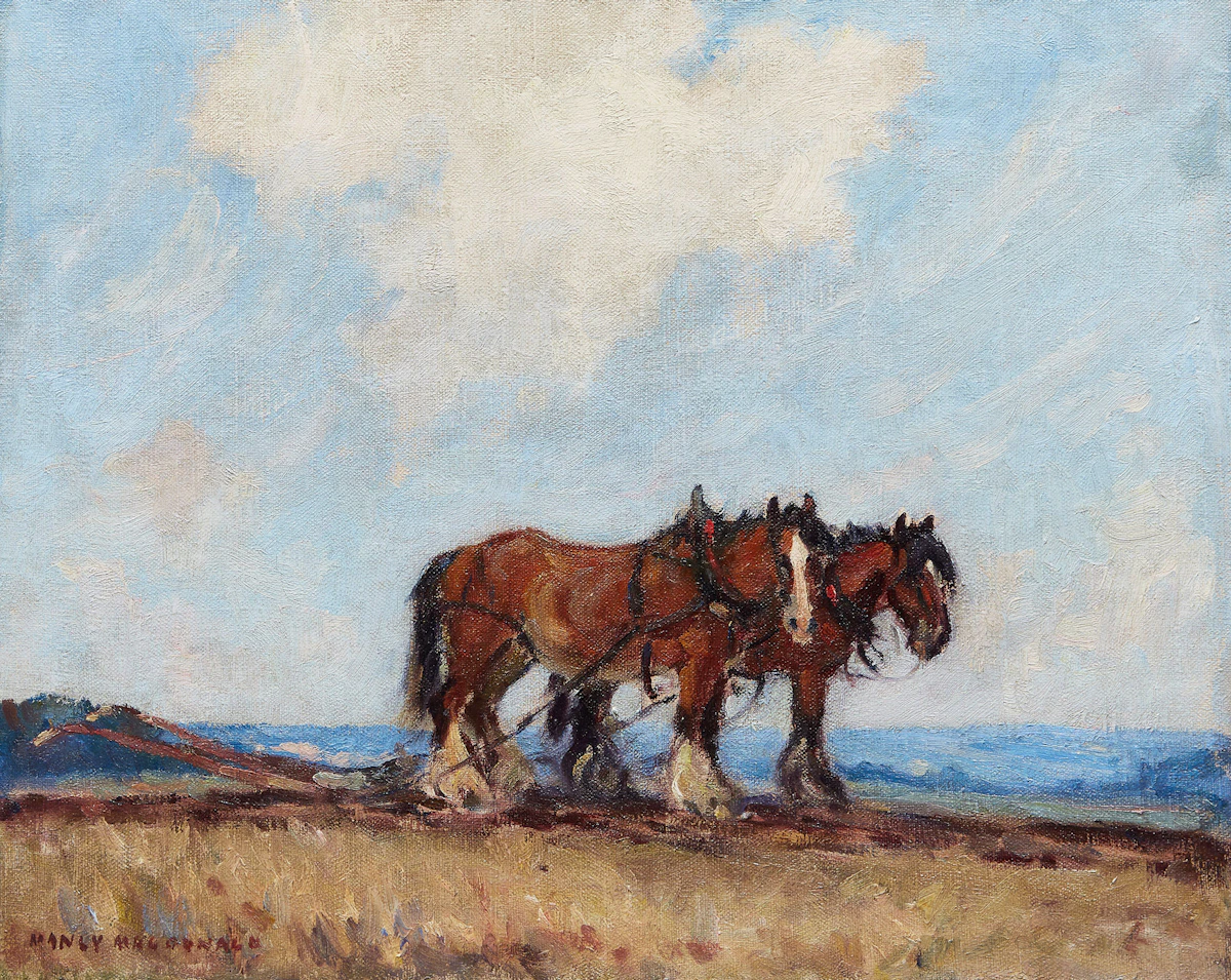 Manly Edward MacDonald, Rest Break, Bay Clydesdales, oil on canvas