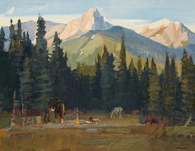 Peter Maxwell Ewart, Breaking Camp Near Canmore, oil on canvas board
