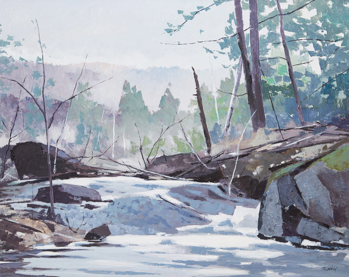 Donald Appelbe Smith, Spring Run-off Near Rosseau, acrylic on board, 1983