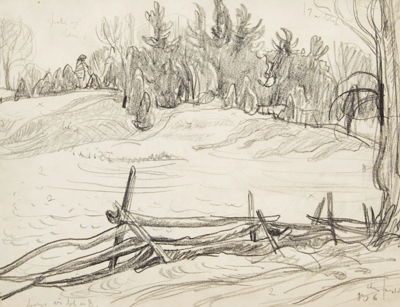Alexander Young Jackson, Corner of a field with cedar rail fence , graphite on paper