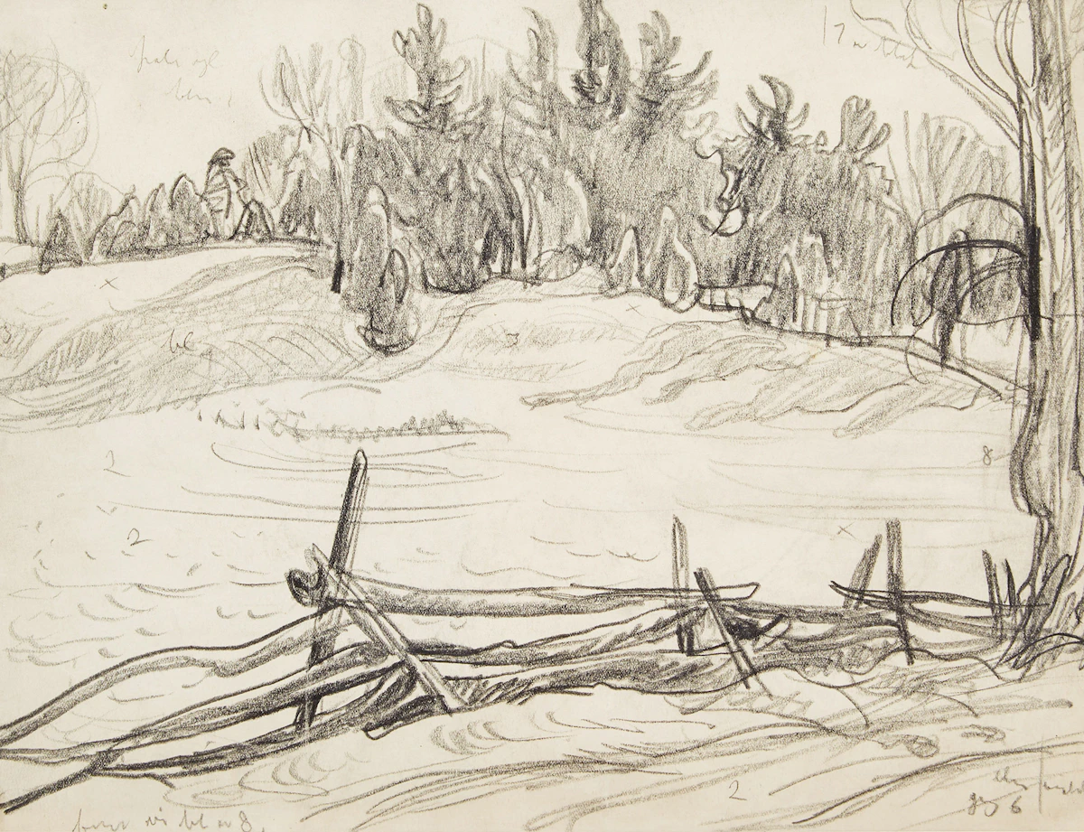 Alexander Young Jackson, Corner of a field with cedar rail fence , graphite on paper