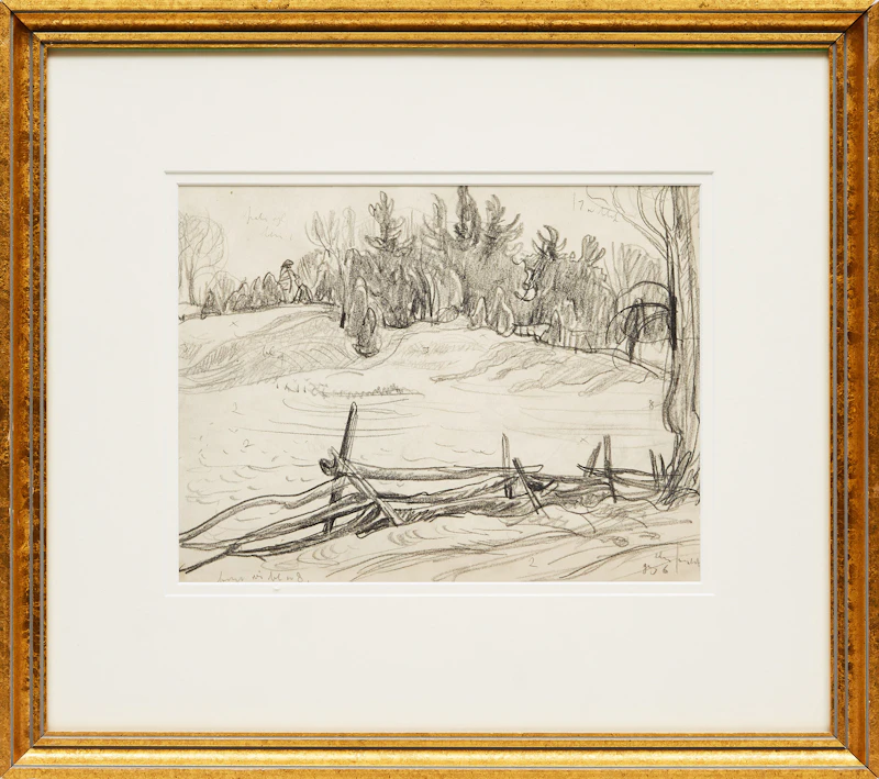Alexander Young Jackson, Corner of a field with cedar rail fence , graphite on paper - view 2
