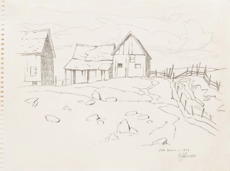 Alfred Joseph Casson, Old Barns, graphite on paper