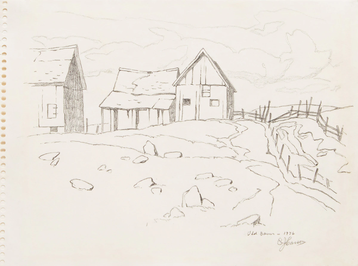 Alfred Joseph Casson, Old Barns, graphite on paper, 1976