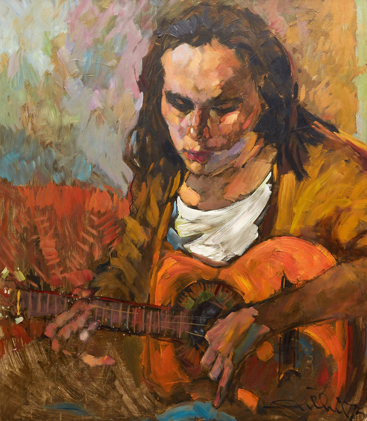 Arthur Shilling, Playing Guitar, oil on board, 1973