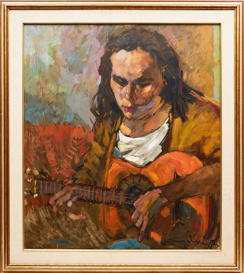 Arthur Shilling, Playing Guitar, oil on board, 1973 - view 2