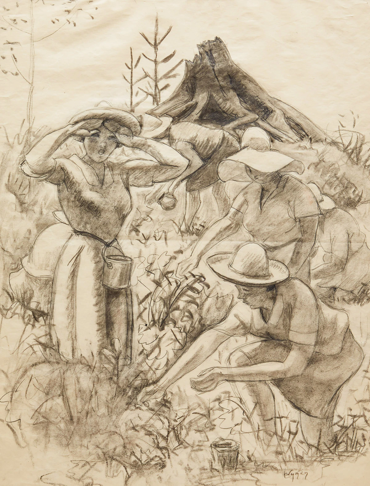 John Goodwin Lyman, The Berry Pickers, charcoal on paper