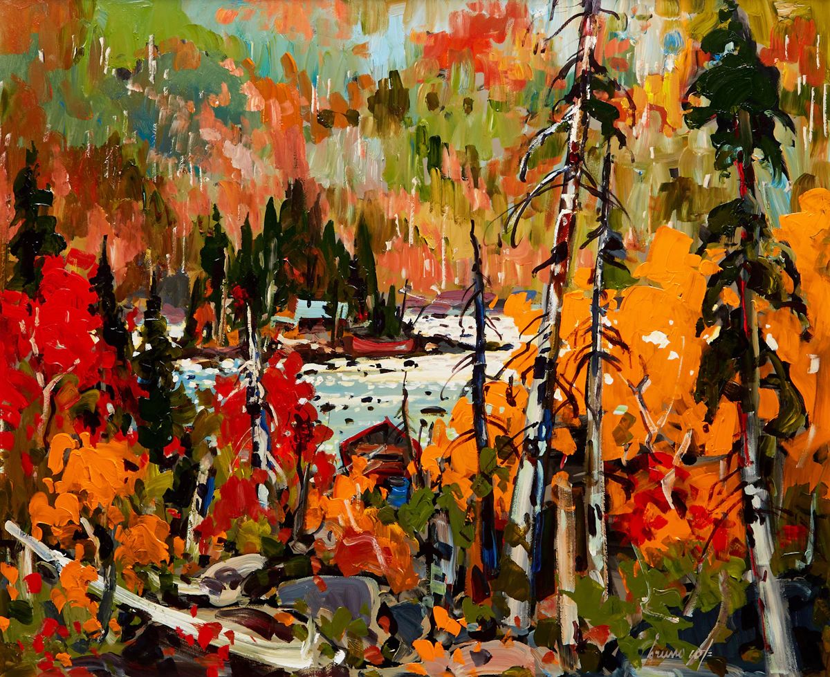Bruno Côté, Le camp de l’île, oil on board