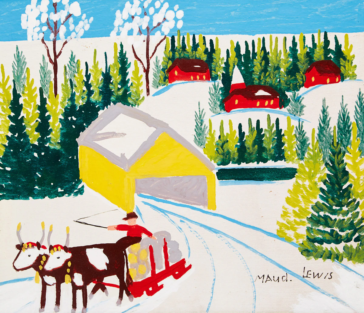 Maud Lewis, Winter Sleigh Scene, oil on board