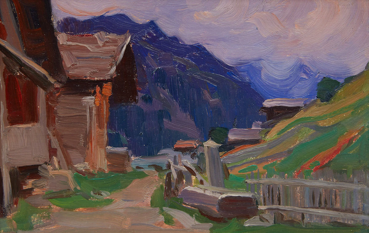 Clarence Alphonse Gagnon, Dans les Alpes, oil on panel, circa 1928