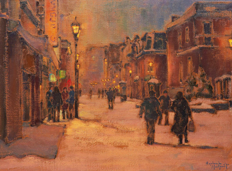 Rue enneigée nuit d’hiver by Raphael Montpetit