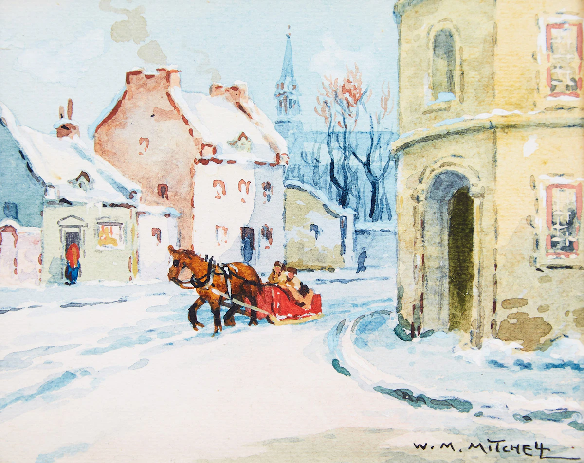 Willard Morse Mitchell, A Street Corner in the Historic Old City of Quebec, P.Q; A Charming Snowscape in the Famous Laurentian Mountains, P.Q.  , two watercolours