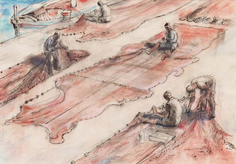 William Abernethy Ogilvie, Red Nets, Sicily, watercolour and ink
