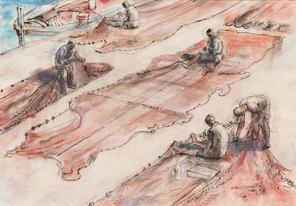 William Abernethy Ogilvie, Red Nets, Sicily, watercolour and ink, 1955