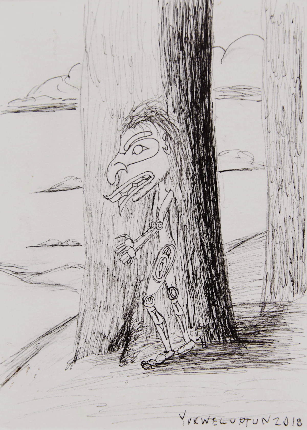 Lawrence Paul Yuxweluptun, Spirit in Landscape, ink on museum board, 2018