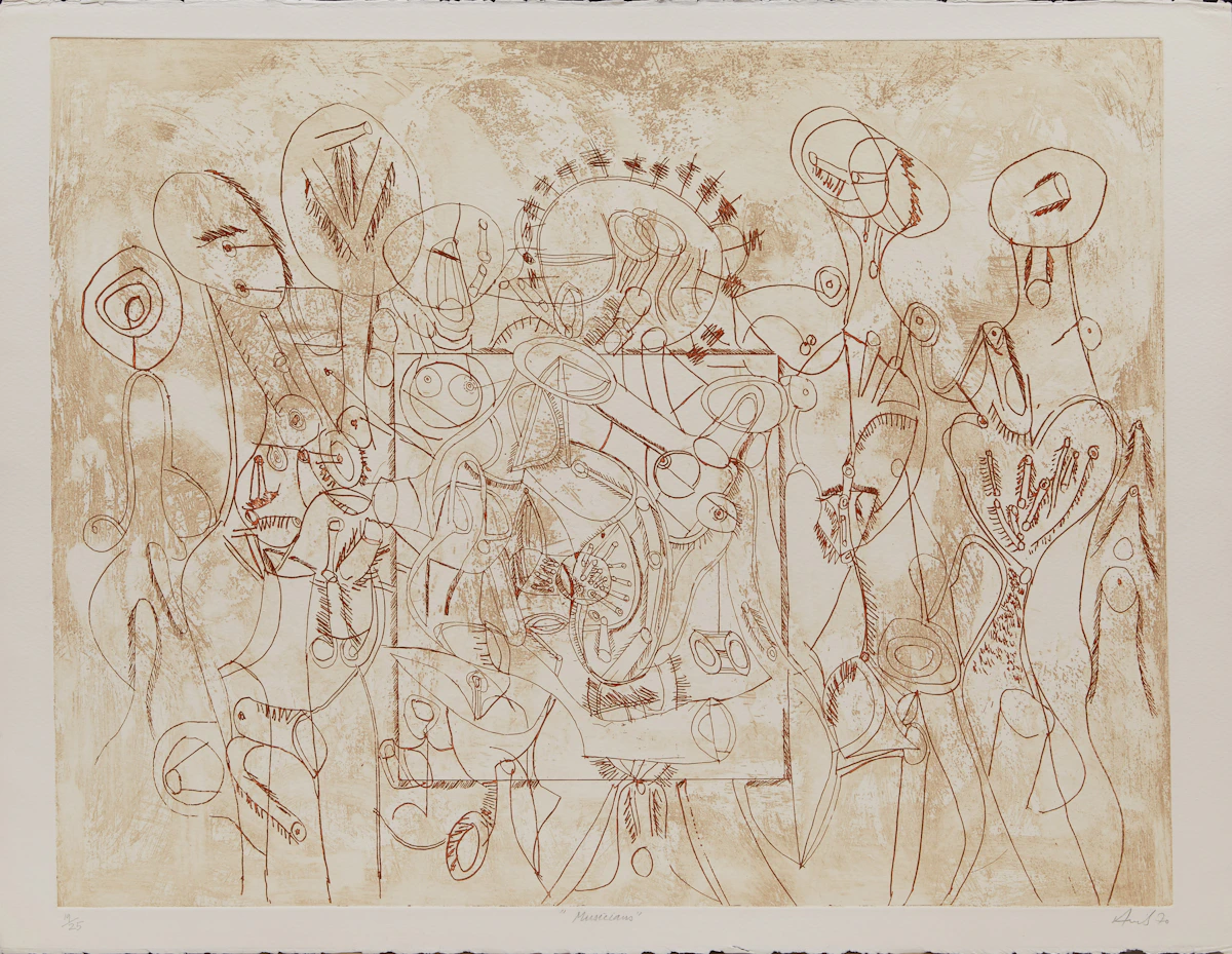 Avinash Chandra, Musicians , colour etching & aquatint, 1970