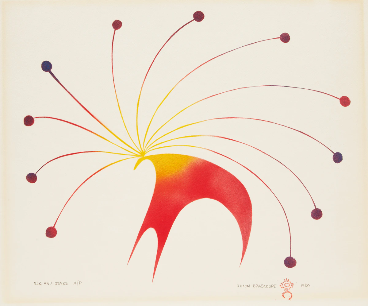 Simon Brascoupe, Elk, Owl and Sun; Elk and Stars, two serigraphs