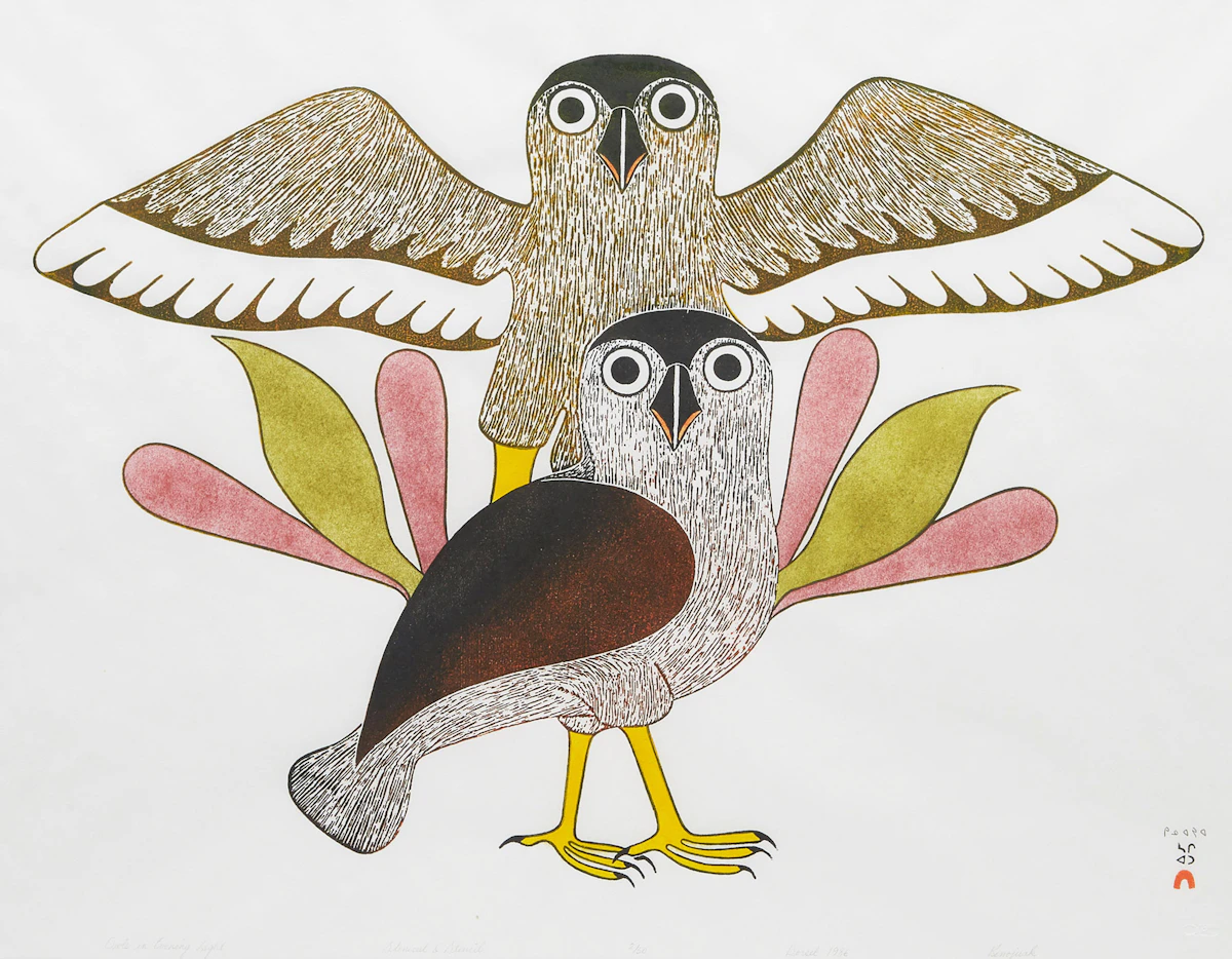 Kenojuak Ashevak, Owls in Evening Light, colour stonecut and stencil, 1986