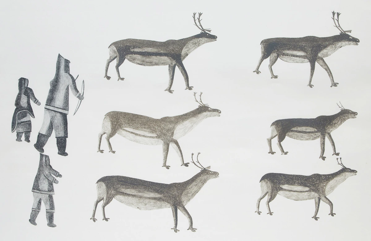 Jamasie Teevee, Family Hunting Caribou, lithograph, 1975