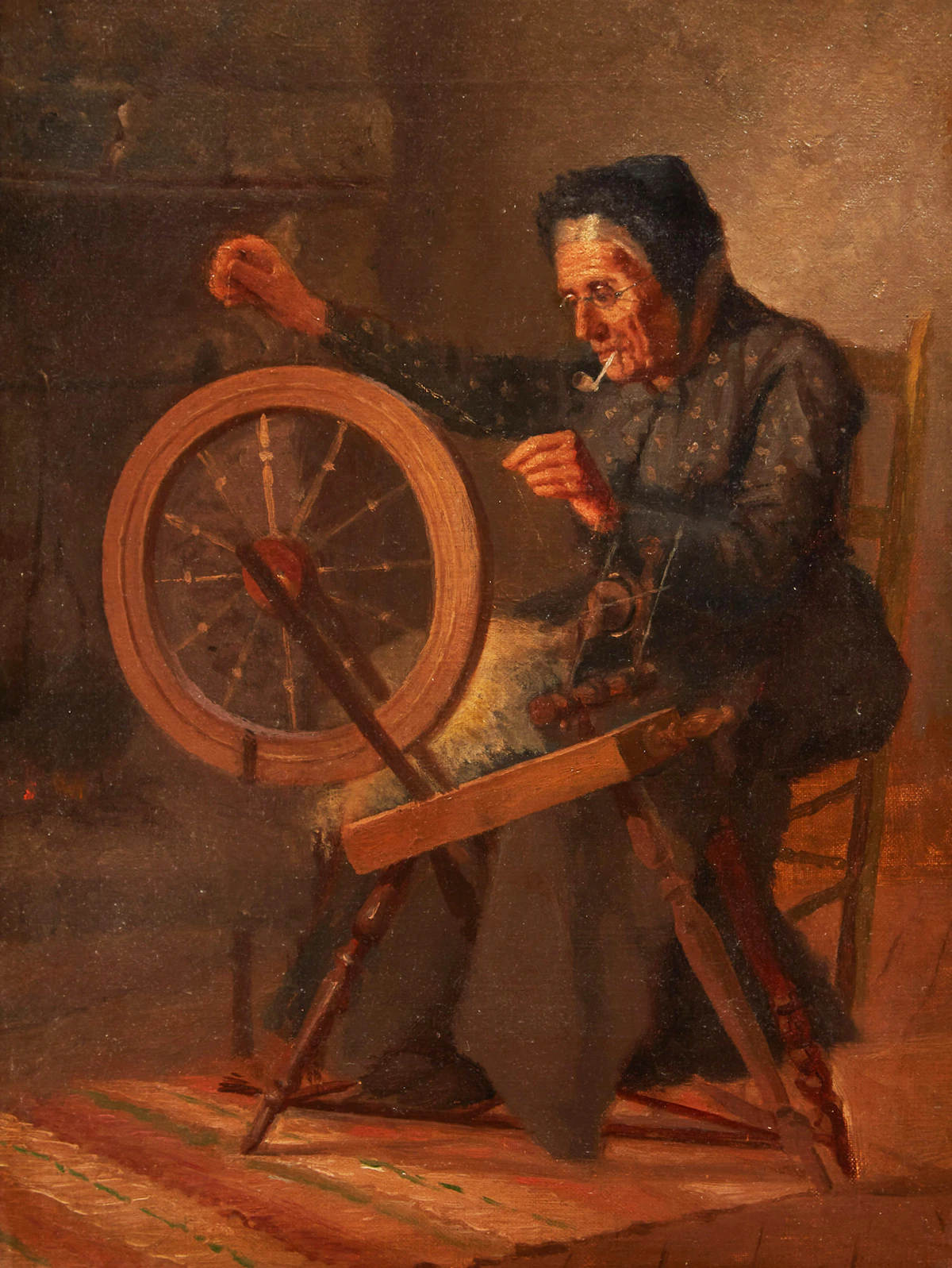 William (Attributed to) Raphael, Old Lady Spinning, oil on canvas