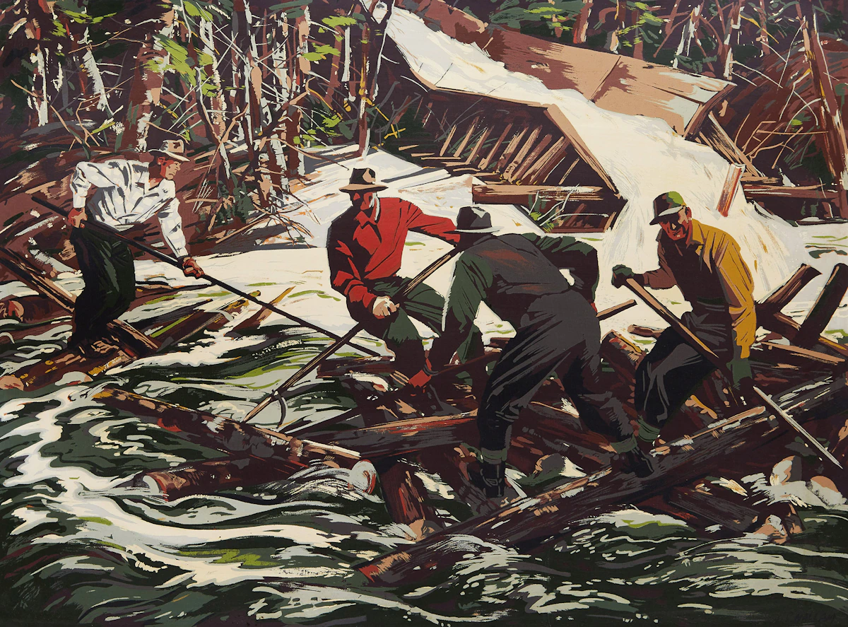 Joseph Sidney Hallam, The Log Drive, Sampson Matthews silkscreen