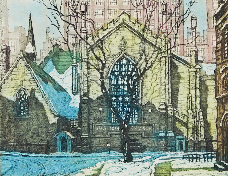 Nicholas Hornyansky, Holy Trinity Church, Trinity Square, Toronto, colour aquatint on Christmas card