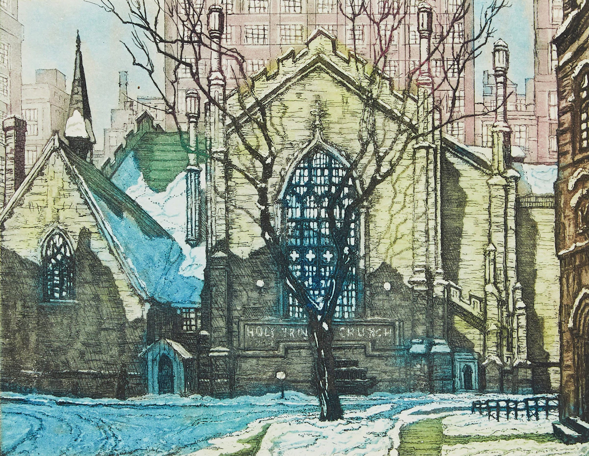 Nicholas Hornyansky, Holy Trinity Church, Trinity Square, Toronto, colour aquatint on Christmas card