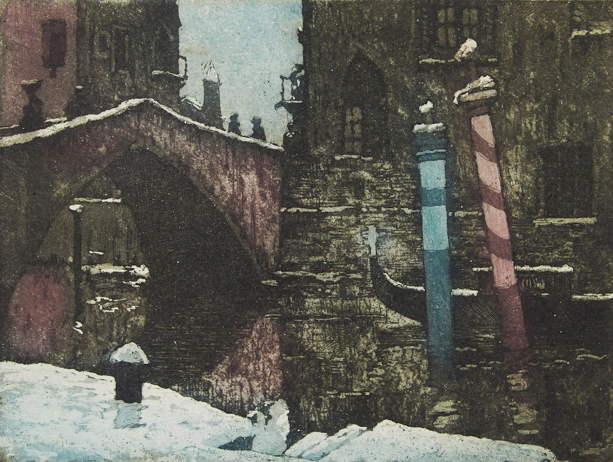 Nicholas Hornyansky, Snow in Venice, colour etching and aquatint
