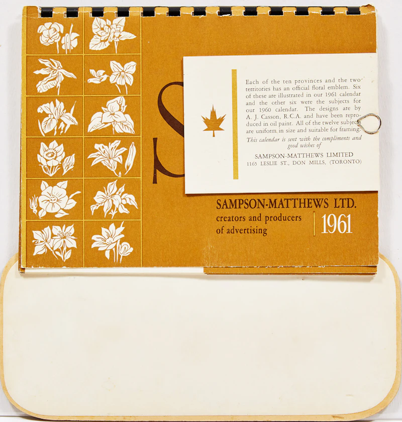Canadian School, Sampson-Matthews Ltd. 1961 Calendar Sample, desktop calendar with six colour silkscreens