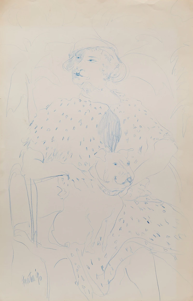 Telford Fenton, Portrait of a Woman and a Dog, conté