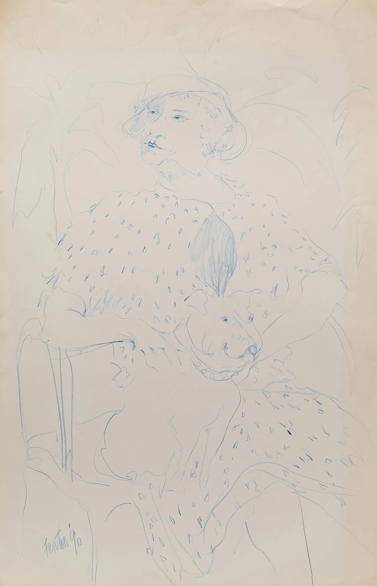 Telford Fenton, Portrait of a Woman and a Dog, conté