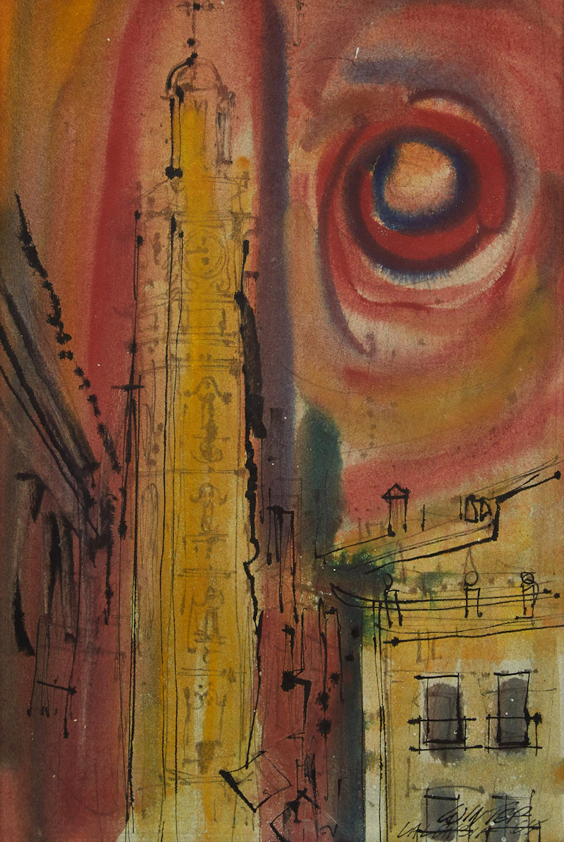 William Arthur Winter, Tower in Valencia, mixed media on paper