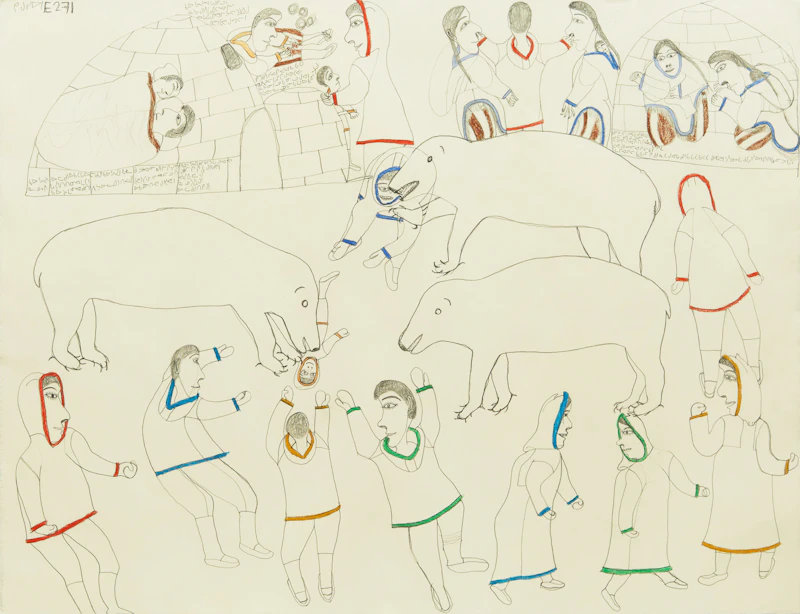 Janet Kigusiuq, People and Three Polar Bears, pencil