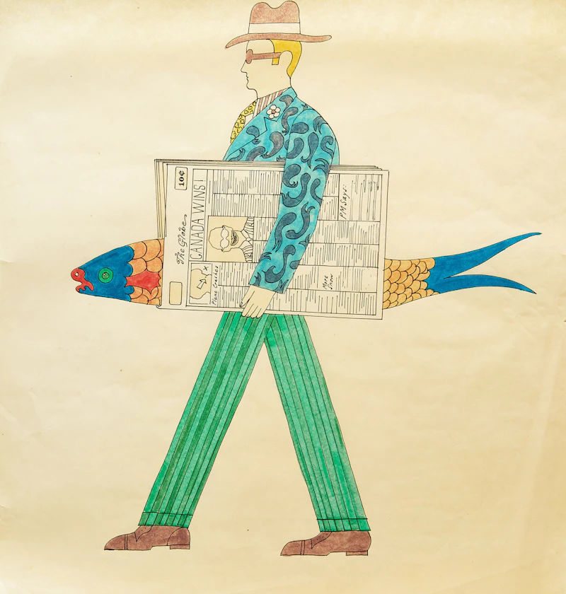 Man with Newspaper and Fish by Attributed to Peter Max