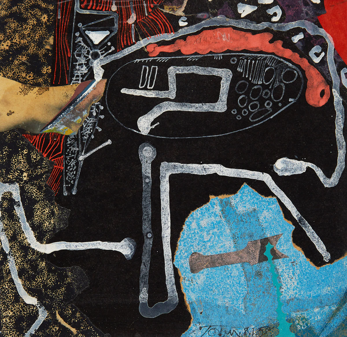 Harold Barling Town, To Beat on Memories..., mixed media and collage on board, 1958