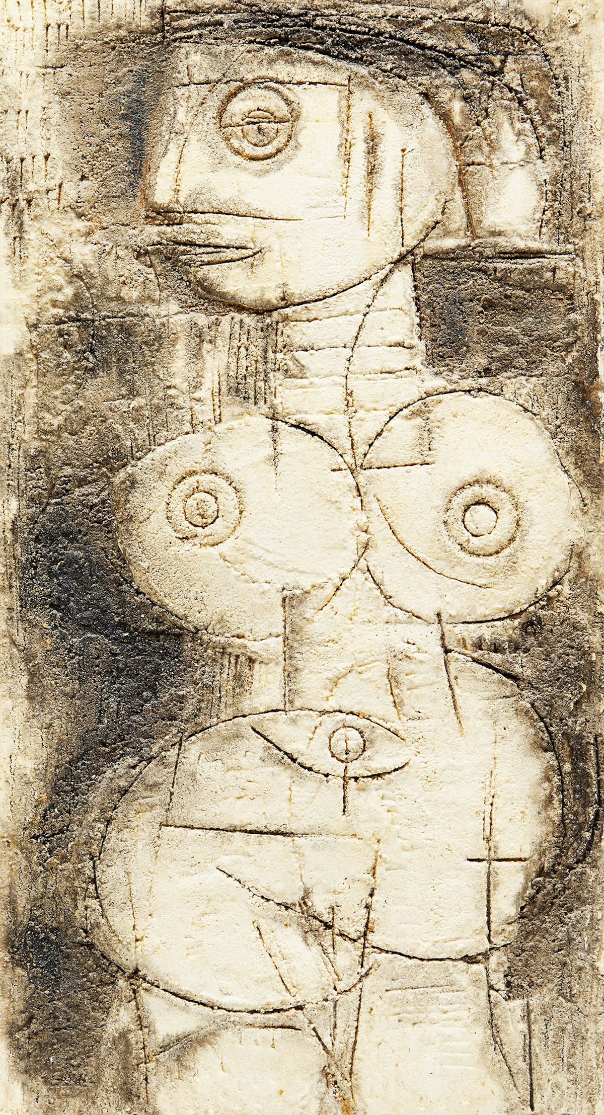 Herbert Siebner, Fertility Scraffito, mixed media on board, 1975