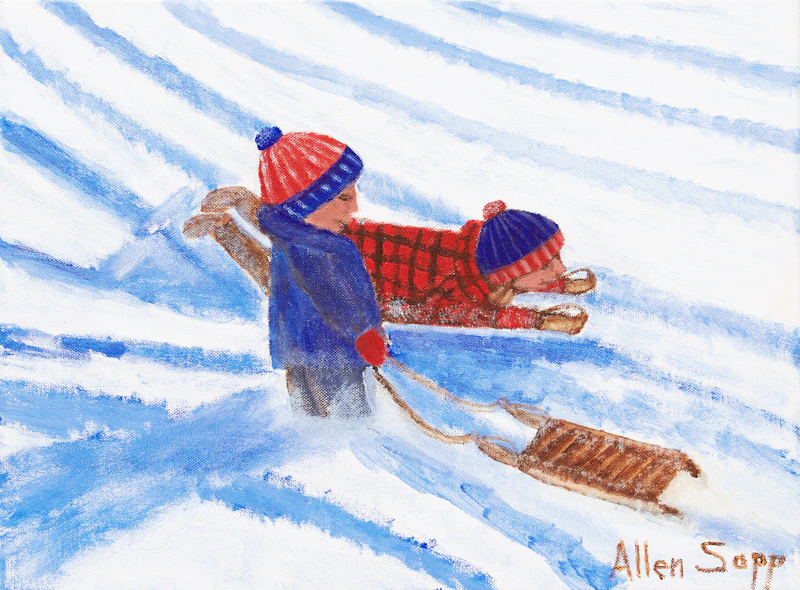 Allen Sapp, Sledding, oil on canvas