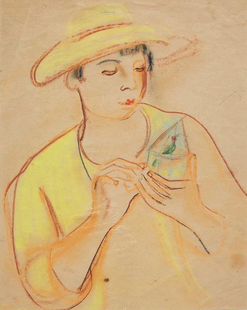 Lillian Freiman, Woman holding Small Birdcage, pastel on paper