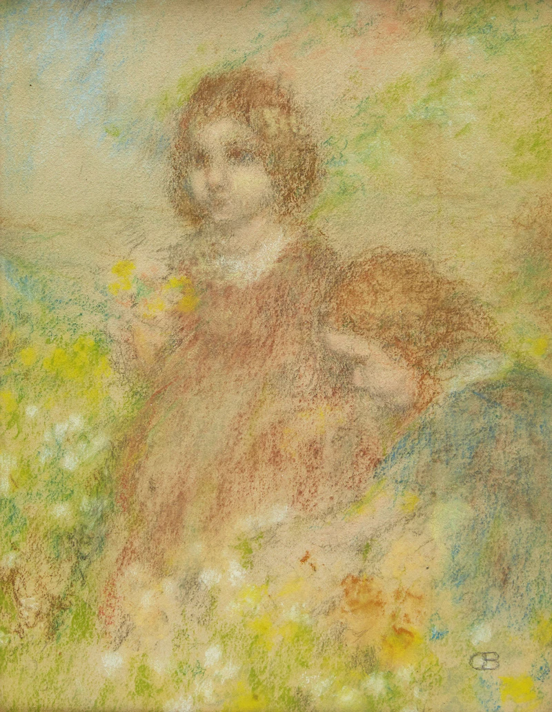 Two Little Girls Picking Flowers by Charles Ernest de Belle