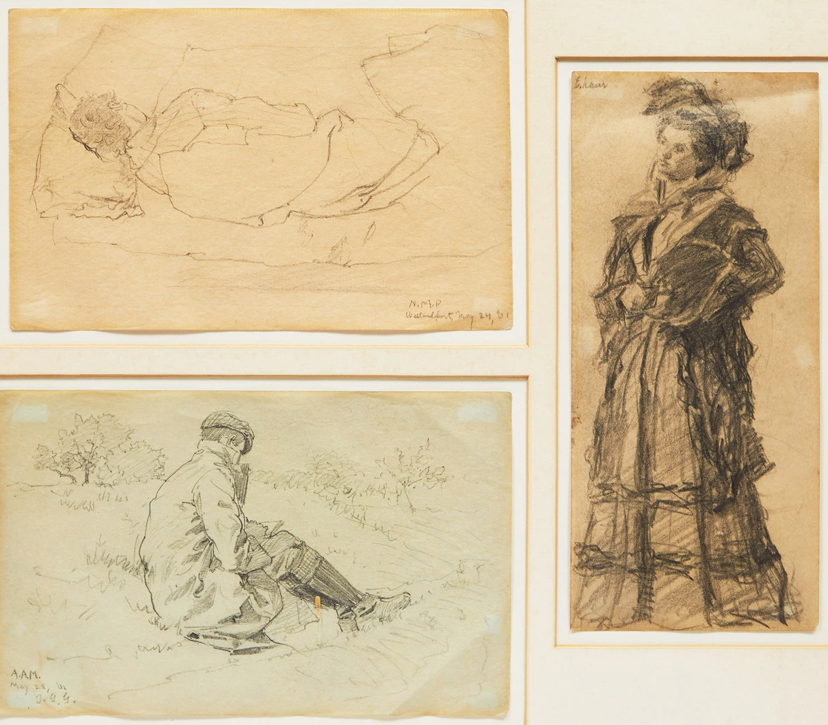 Various Artists, Portrait Studies: Man Sleeping; A.A.M. (Artist Sketching); Standing Woman, three pencils on paper